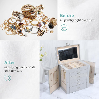 ASINGYER Jewelry Box for Women, 6 Layer Lockable Large Jewelry Holder Organizer with 5 Drawers for Jewelry Storage, Big Jewelry Box for Womens’ Christmas Gift (gray)