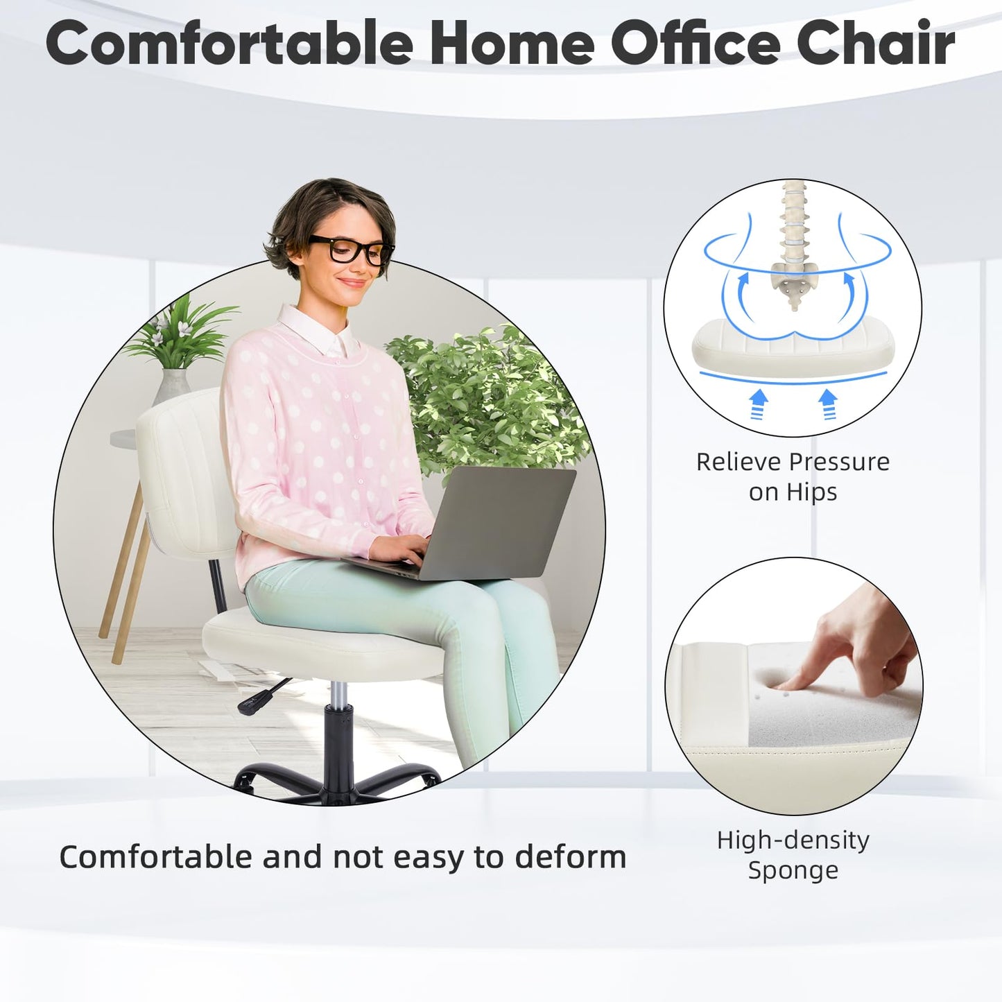 Sweetcrispy Small Desk Chair Armless,Comfortable Office Chair with Wheels, Rolling Task Chair with Low Back Lumbar Support, Vanity Chair for Bedroom Living Room Study Room, PU Leather,Crame White