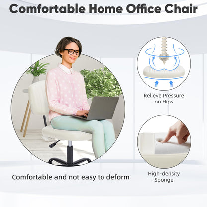 Sweetcrispy Small Desk Chair Armless,Comfortable Office Chair with Wheels, Rolling Task Chair with Low Back Lumbar Support, Vanity Chair for Bedroom Living Room Study Room, PU Leather,Crame White