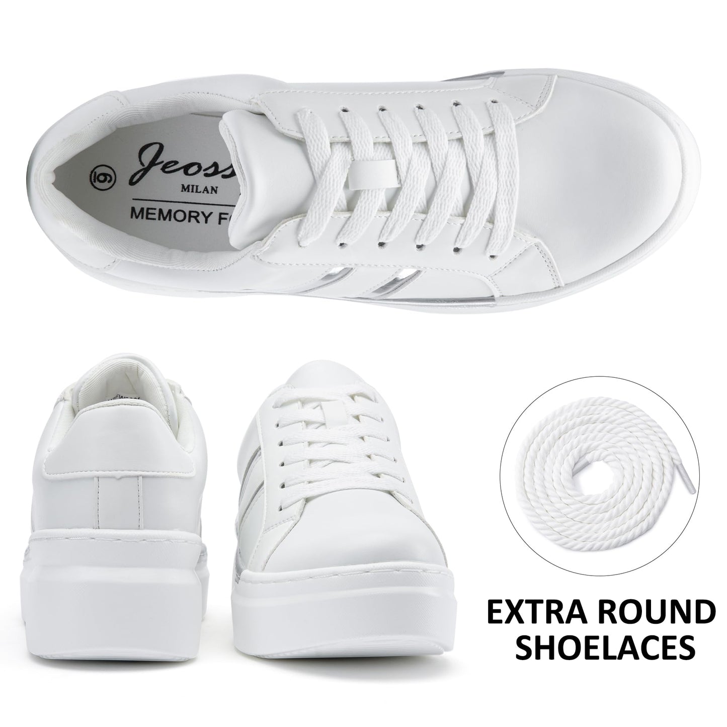 Jeossy Women's Chunky White Sneakers with Arch Support