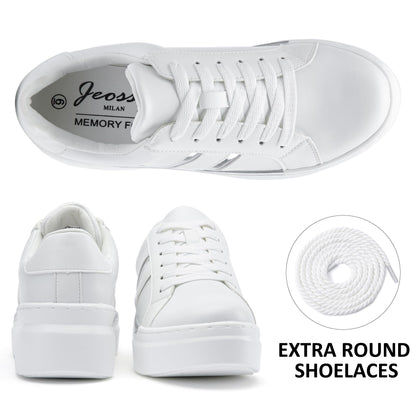 Jeossy Women's Chunky White Sneakers with Arch Support