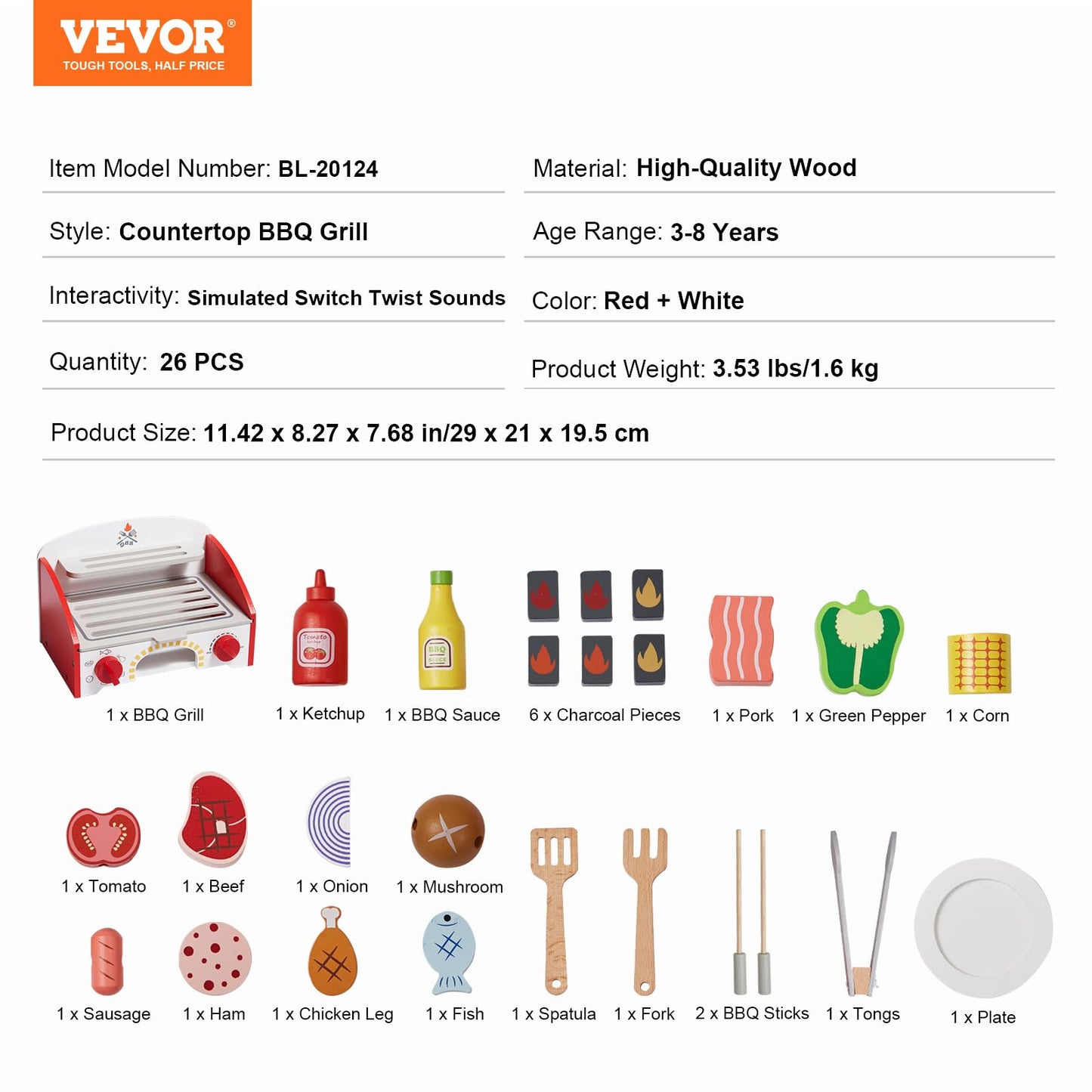VEVOR Kids BBQ Grill Toy with Play Food Set