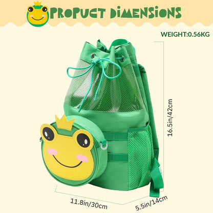 mygreen Multifunctional 2 in 1 Children Boy Girl Frog Print Drawstring Backpack Outdoor Casaul Portable Detachable Crossbody Shoulder Bag Swim Gymsack Sack Pack Green