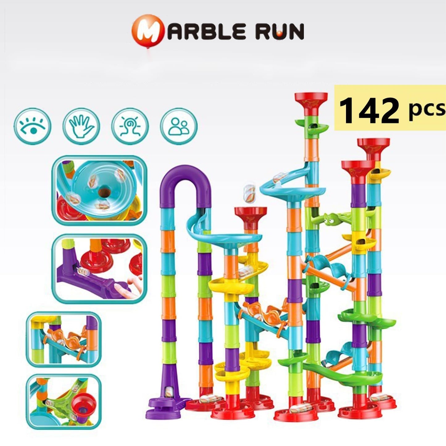 Marble Run Set, 142 Pcs Marble Race Track for Kids with Glass Marbles Upgrade Marble Works Set, Maze Game DIY Educational Playset Birthday Gift for Ages 3+