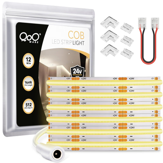 QooWare COB Led Strip Lights, 16.4ft 4000K Natural White LED Strip Lighting, DC24V 2560LEDS CRI 90+ 8mm Flexible Uniform Led Lights for Bedroom, TV, Under Cabinet Lights(No Adapter or Controller)