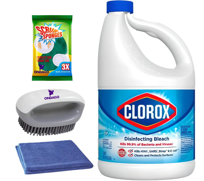 ONDAGO Bleach Liquid Cleaner Kit- Microfiber Cloth, Double Sided Sponge & Scrub Brush -Bundled With Clorox 121 oz. Bottle