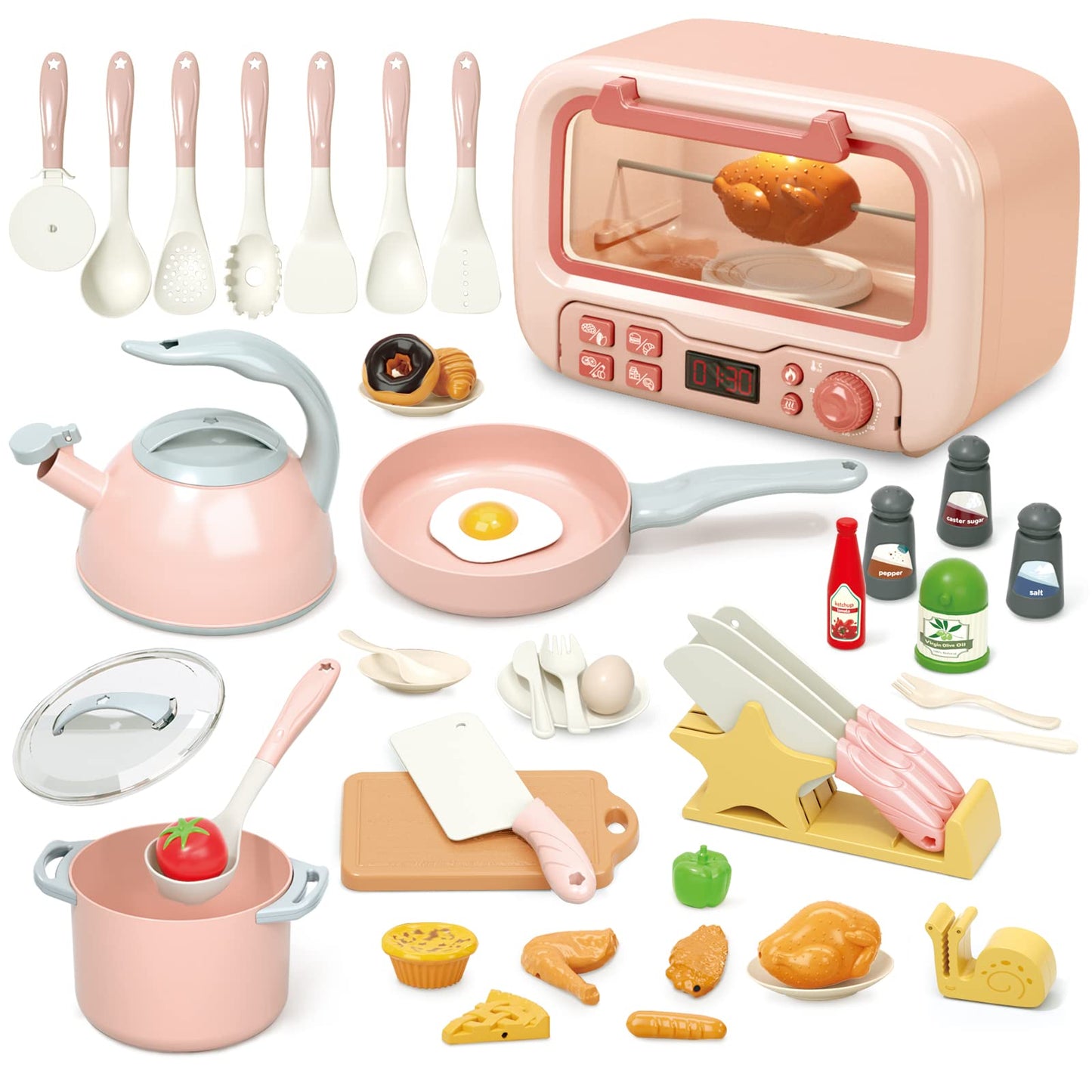 Yalujumb Kids Kitchen Toys,Pretend Play Kitchen Set Cooking Toys for Kids Girls Boys Toddlers, Kitchen Playset Accessories with Play Food Pots Pans Utensils and Dishes (Pink)