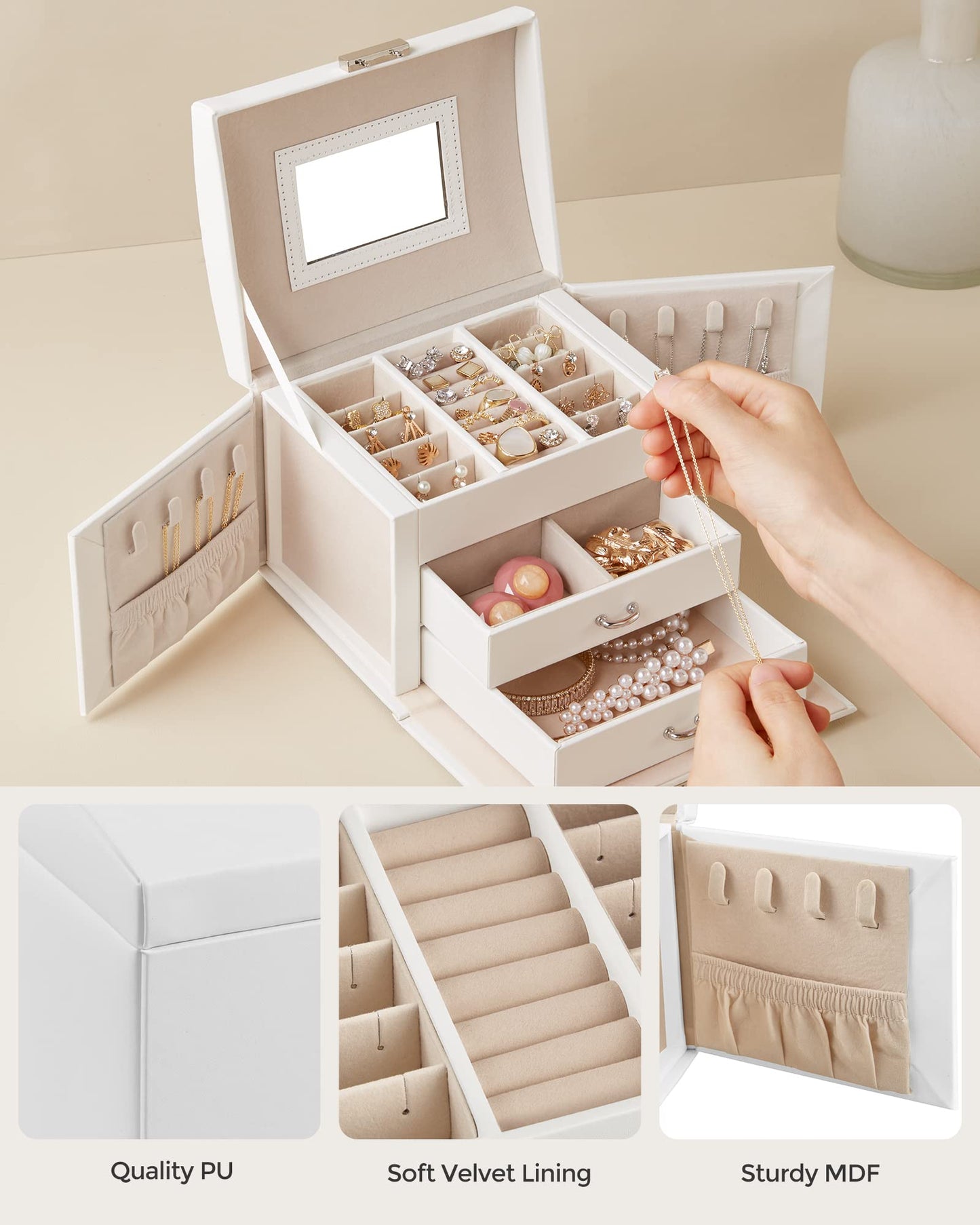 SONGMICS Lockable 3-Tier Jewelry Box with Mirror