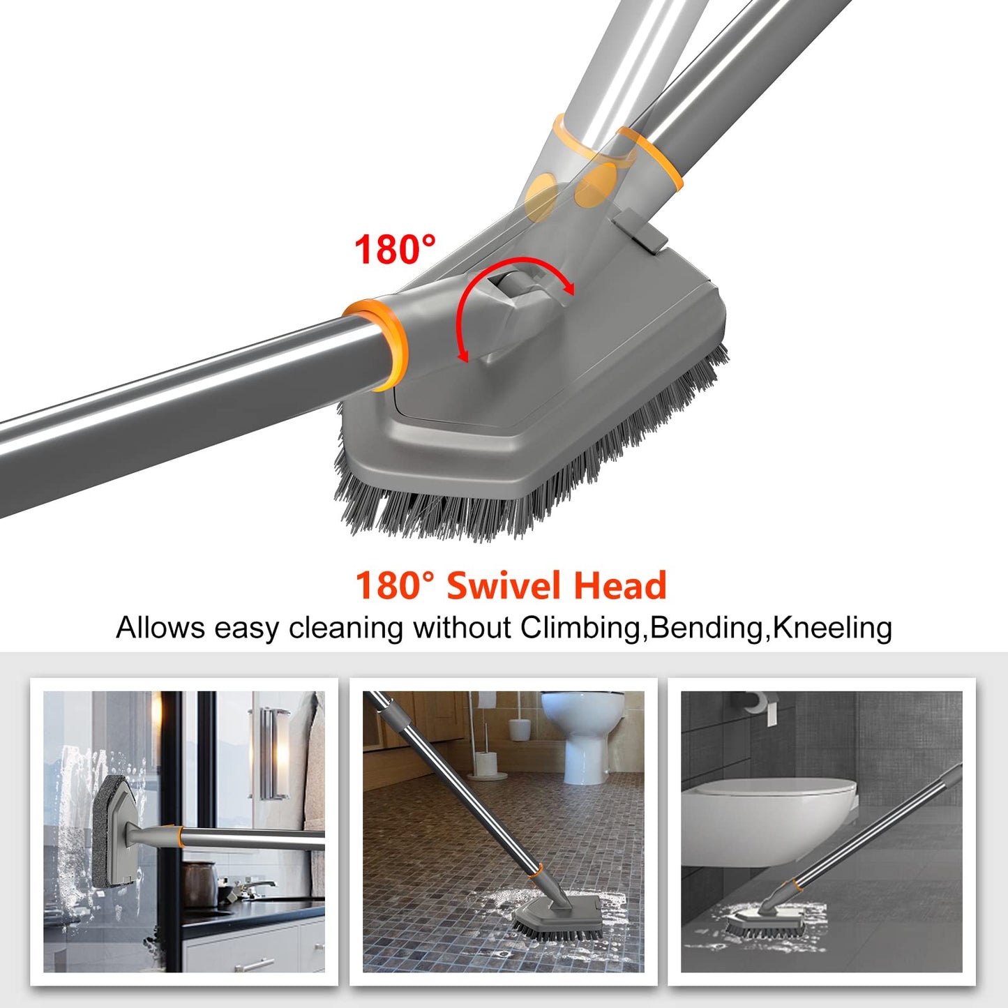 Mutil Purpose Scrub Brush with Long Handle, 62“ Tub and Tile Scrubber Brush, 2 in 1 Shower Cleaning Brush & Sponge, Stiff Bristles Cleaner Tool for Cleaning Bathroom Shower Bathtub Wall