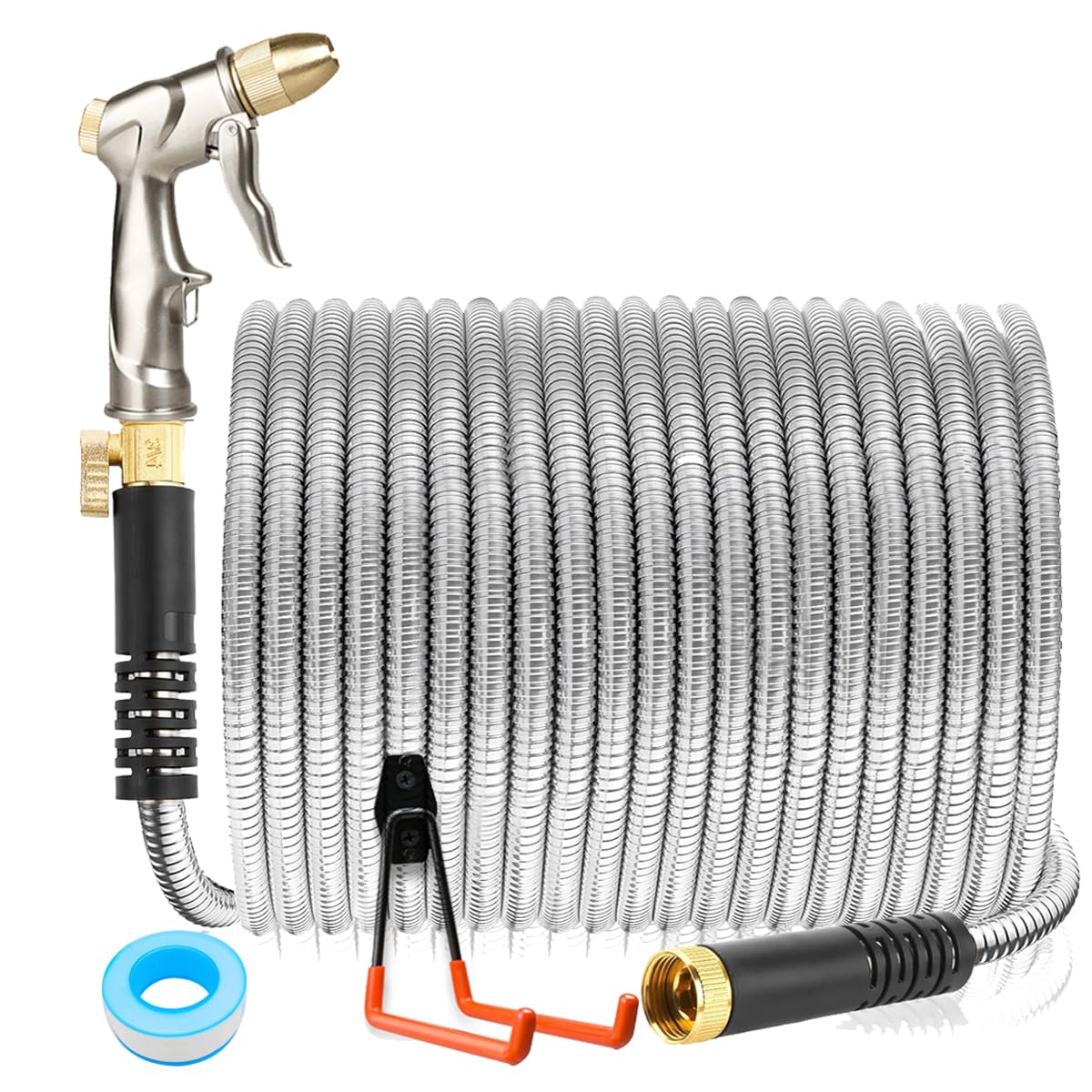 50ft Stainless Steel Garden Hose with Nozzle