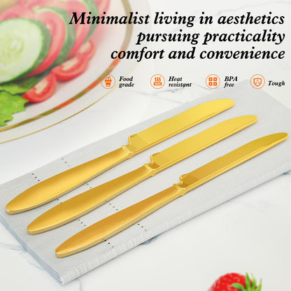 Zonbaizey Plastic Knives Disposable - 200 Pcs Gold Plastic Knives Heavy Duty, Solid and Durable Plastic Cutlery heavy Duty, Heat Resistance Gold Plastic Sliverware, For Parties Plastic Knives Bulk