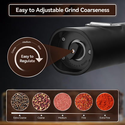 Electric Salt and Pepper Grinder Set, HOMCYTOP Gravity Automatic Salt & Pepper Mill Refillable with Rechargeable Base, USB Cables, 2 Adjustable Coarseness Mills, White LED Light, One Hand Operation