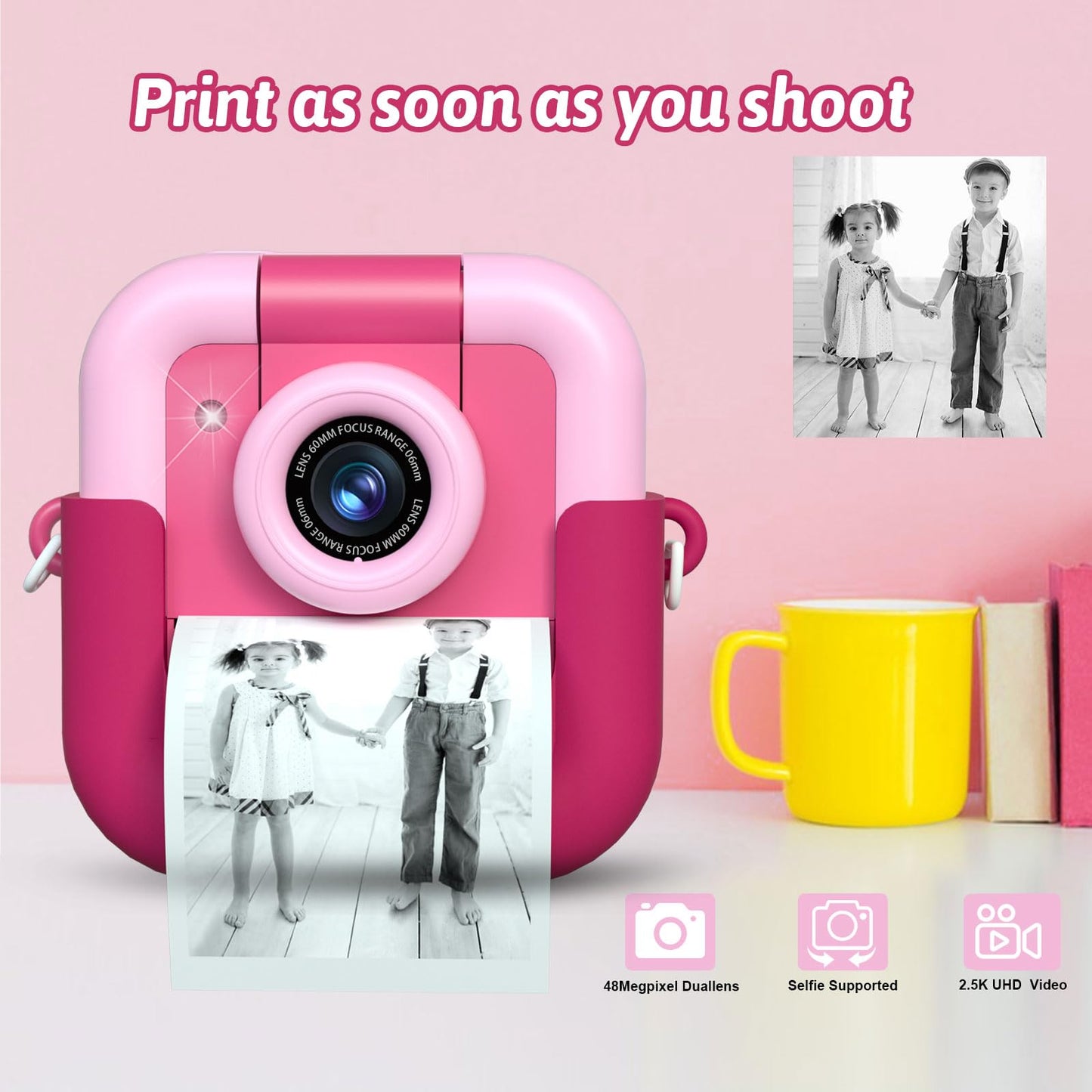 Kids Camera Instant Print,Kids Video Camera Instant Print Camera for Kids,Kids Instant Camera with Print Paper & 32G Card,Christams Birthday Gifts for Girls Age 3-12