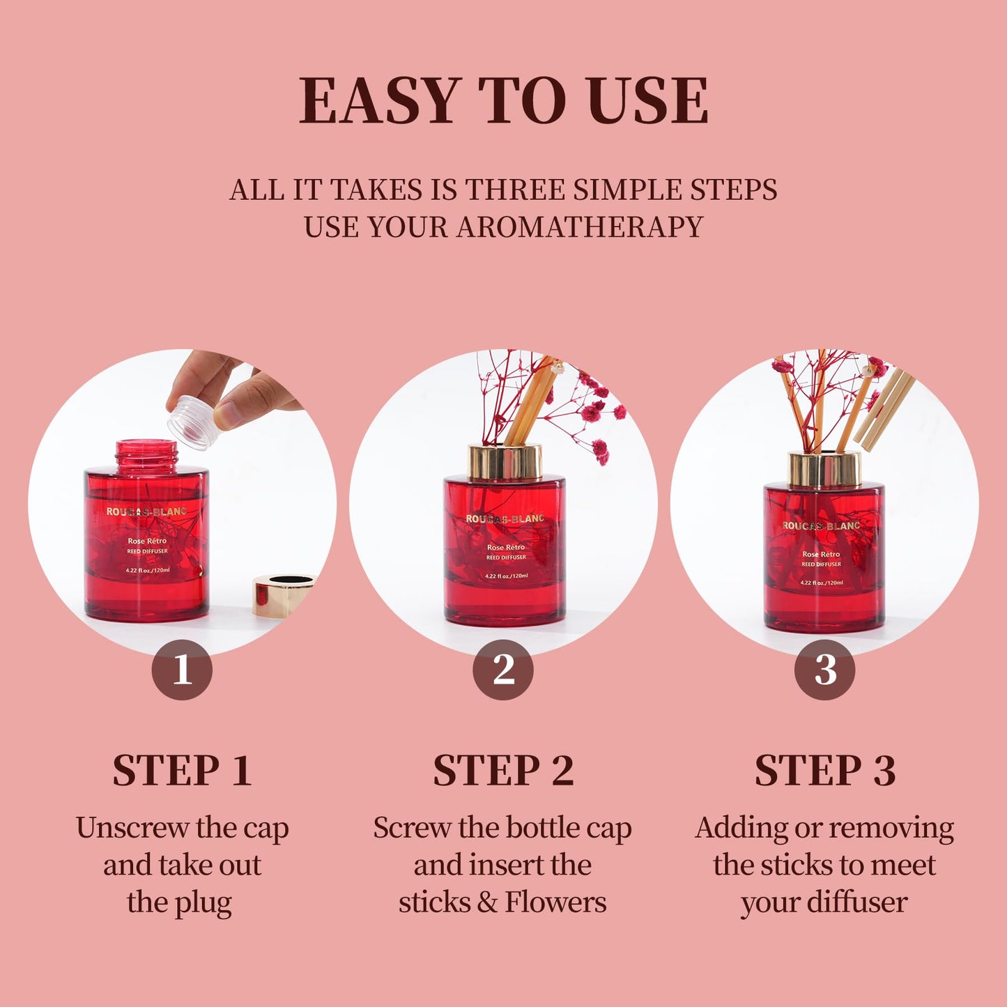ROUCAS BLANC Perfume Grade Reed Diffuser with Real Flowers, Rose Honey Scented Diffuser with Sticks, Room Decor & Bathroom Decor, Aromatherapy Home Fragrance Diffuser Non-Toxic Gift Set(Rose Rétro)