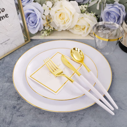 LIYH 180pcs Gold Plastic Dinnerware,White and Gold Plastic Plates,Gold Plastic Disposable Utensils,Disposable Gold Cups Suit for Wedding Party Birthday 30 Guests