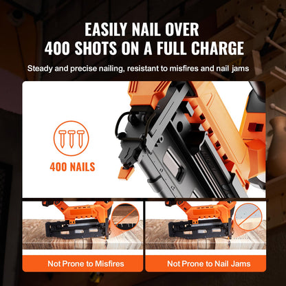 VEVOR Cordless Finish Nailer, 20V Cordless Brad Nailer Kit with 16Ga Nails, Battery and Charger, Tool-free Jam Release Battery Powered Nail Gun, Framing Nail Gun for Upholstery and Home Improvement