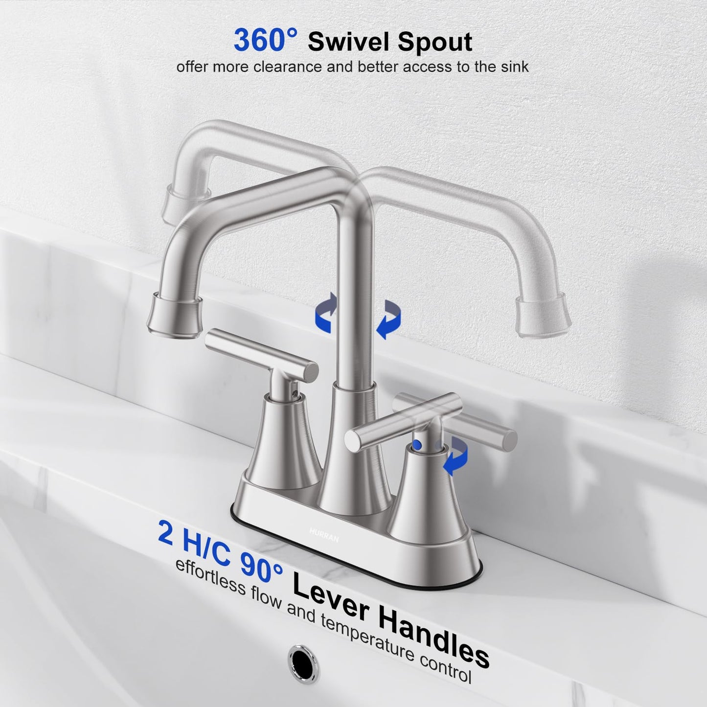 Bathroom Sink Faucet, Hurran 4 inch Brushed Nickel Bathroom Faucets for Sink 3 Hole with Pop-up Drain and Supply Lines, Stainless Steel 2-Handle Centerset Faucet for Bathroom Sink Vanity RV Restroom