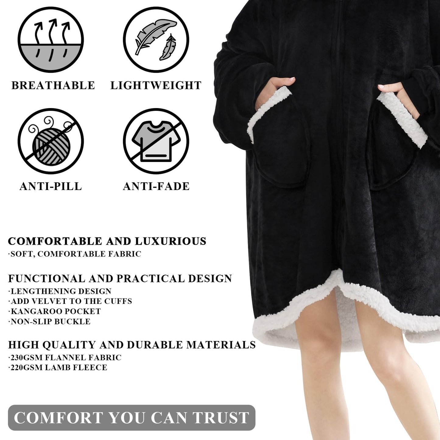 Topcee Unisex Black Sherpa Fleece Hoodie