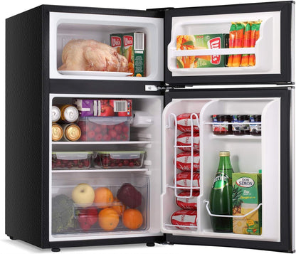 Antarctic Star Compact Mini Refrigerator Separate Freezer, Small Fridge Double 2-Door Adjustable Removable Retro Stainless Steel Shelves Garage Camper Basement/Dorm/Office 3.2 cu ft.Black