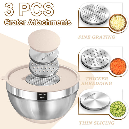 Umite Chef Mixing Bowls with Airtight Lids Set, 8PCS Stainless Steel Khaki Nesting Bowls with Grater Attachments, Kitchen Bowls with Non-Slip Bottoms, Size 5, 4, 3.5, 2, 1.5QT for Mixing & Serving