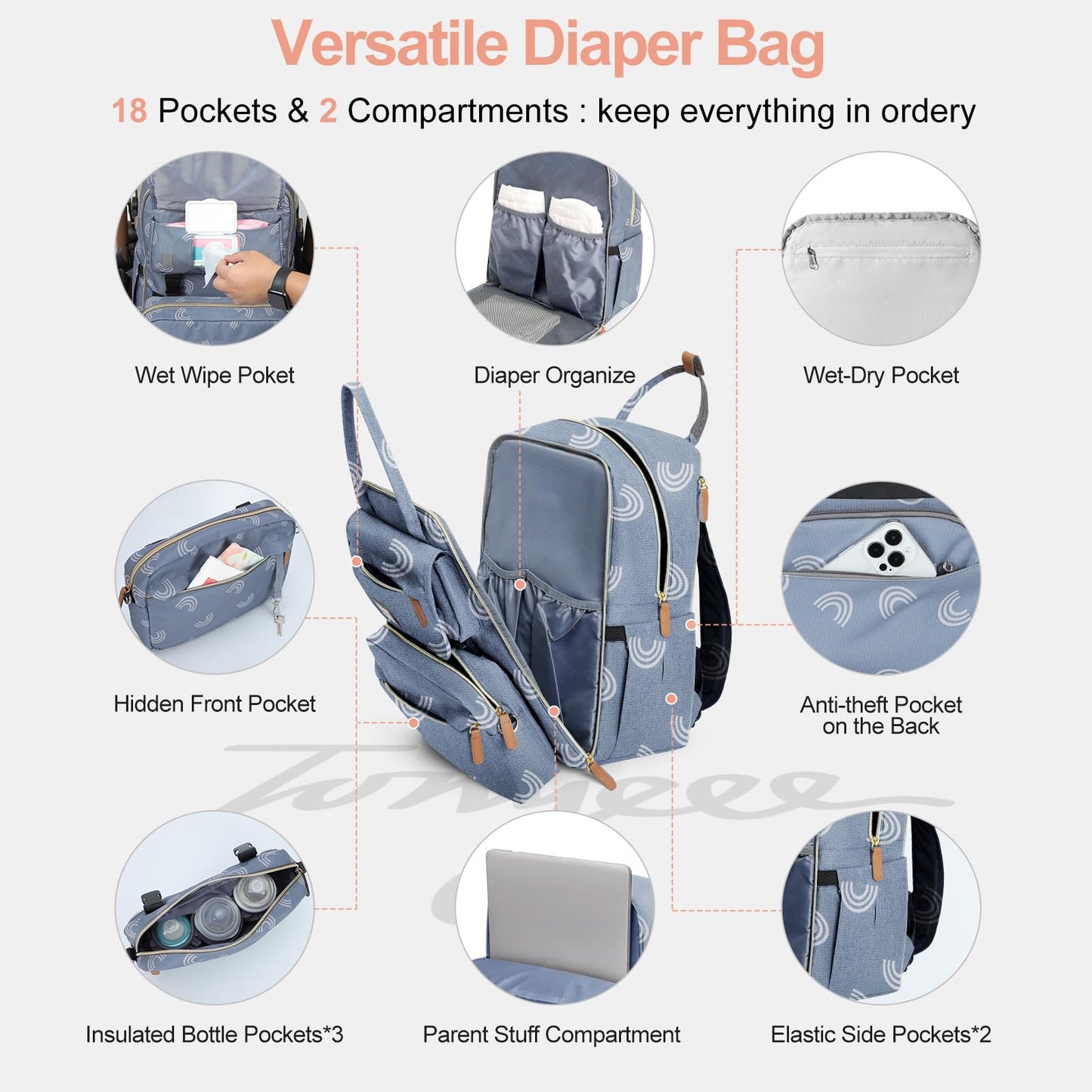 Tonyeee Large Baby Diaper Bag Backpack, Grey