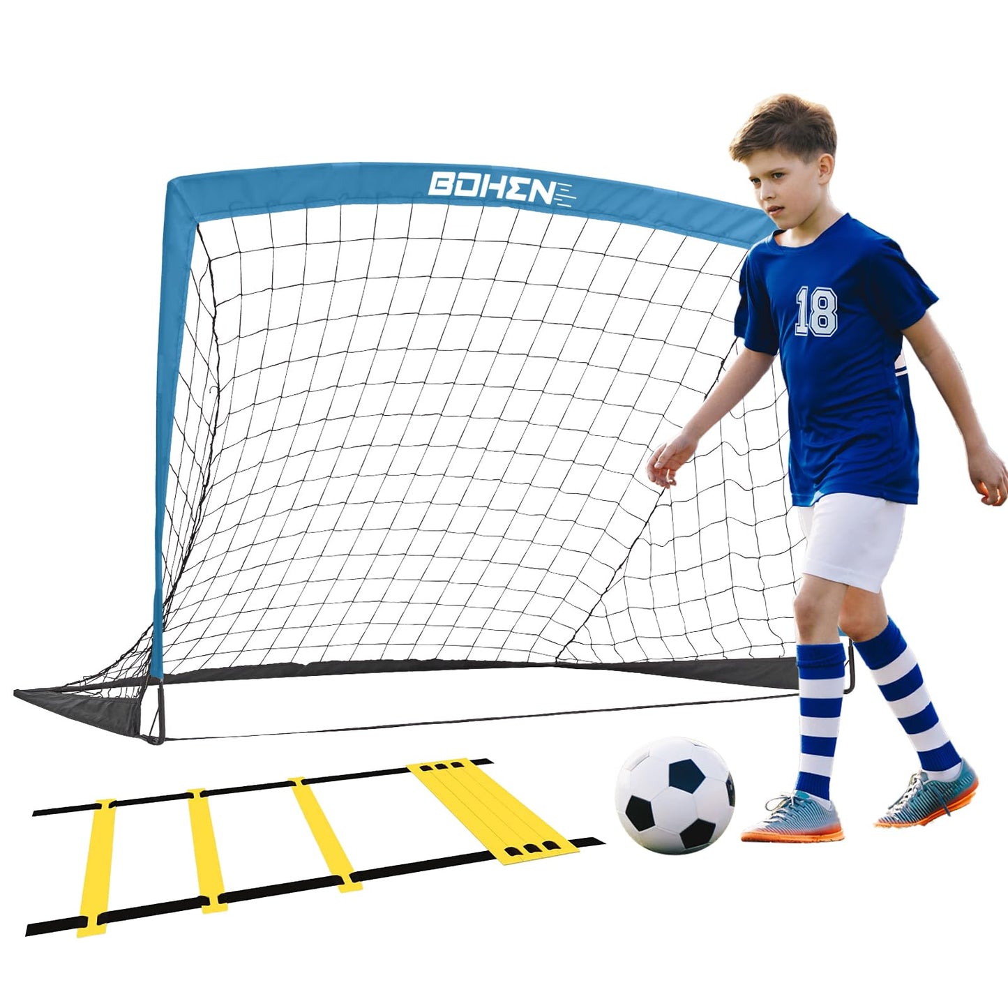 BOHEN 4x3ft Small Soccer Goal with Training Ladder for Backyard Toddler, Outdoor Fun for Child, Kids, Portable Foldable Mini Net and Easy Setup(4x3ft, Grey Blue, 1 Piece)