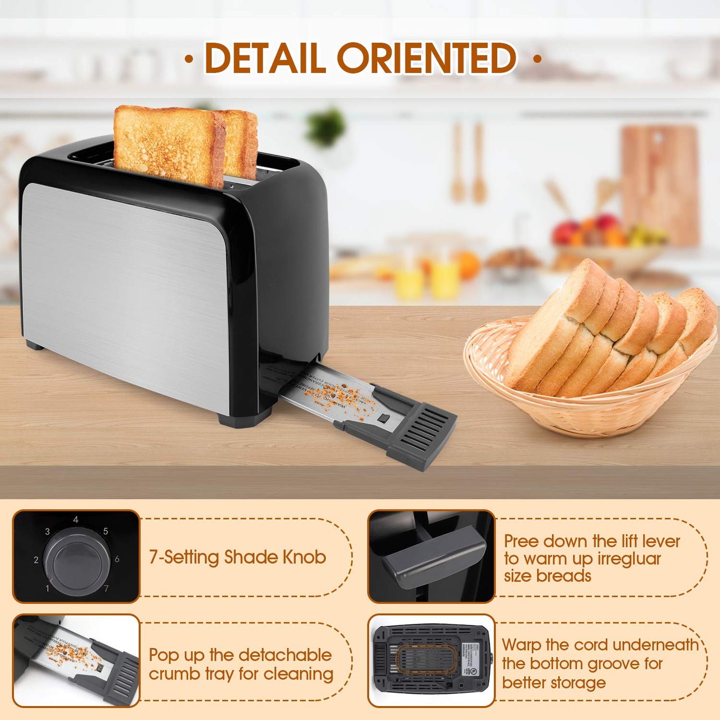 Toaster 2 Slice Stainless Steel Toaster Two Slice Toaster with Removable Crumb Tray Toaster Wide Slot Toasters 2 Slice Best Rated Prime with 7 Bread Shade Settings and Bagel, Defrost, Cancel Function