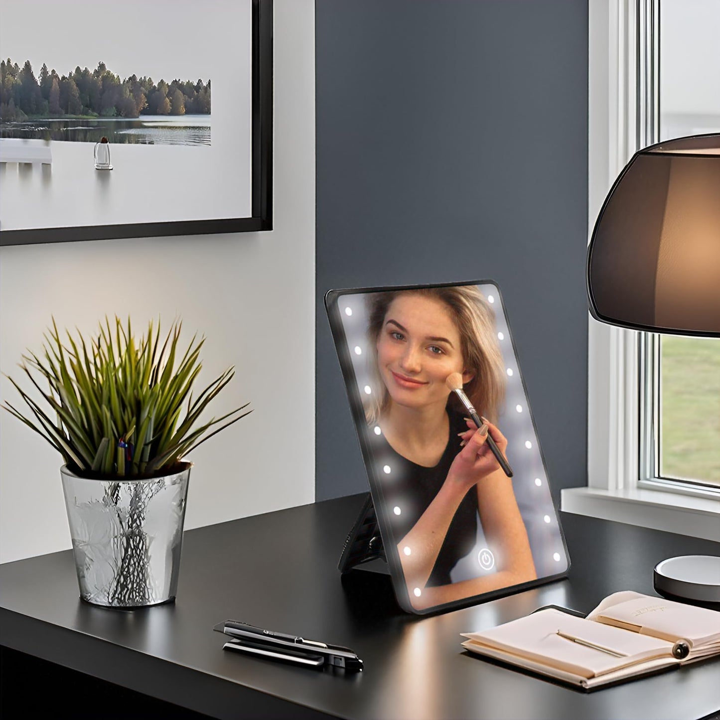 Vanity Makeup Mirror with Lights, Touch Dimming Screen 16 LED Lighted Vanity Travel Portable Mirror, Black Cosmetic Tabletop Wall Mirror Gifts for Mothers, Mom, Wife, Women, Girl