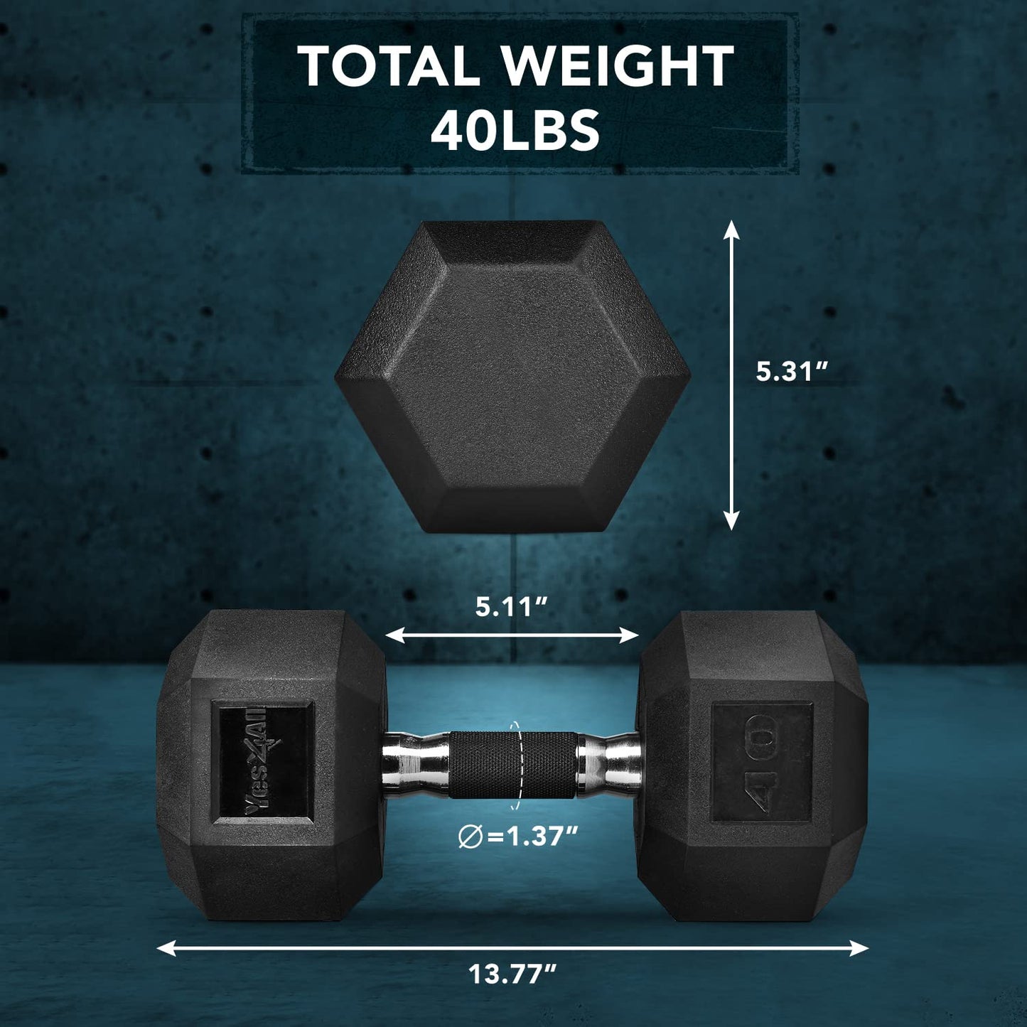 Yes4All 40lbs Rubber Grip Hex Dumbbell