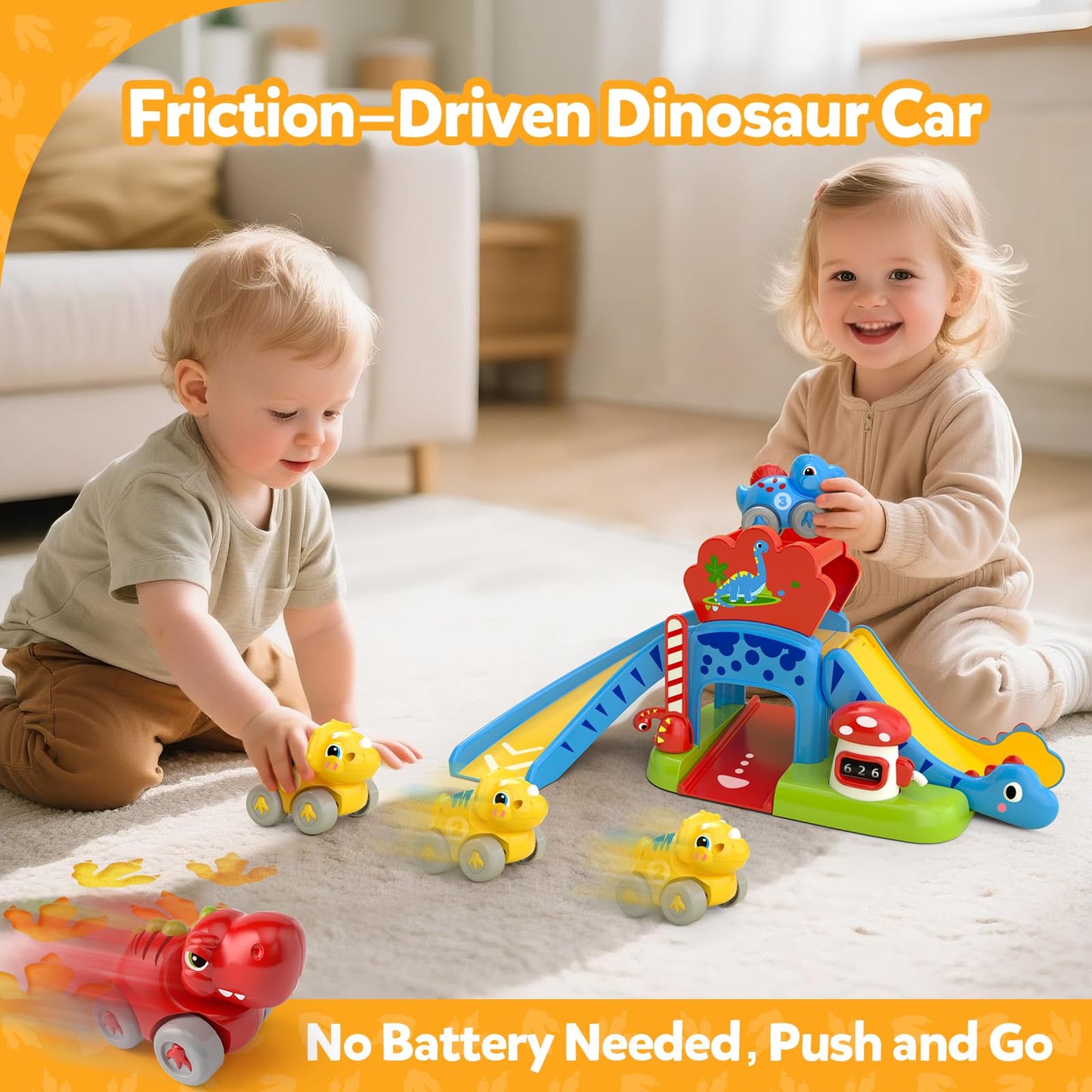Toddler Toys for 1 Year Old Boy Gifts - Educational Dinosaur Slide Set with 4 Color/Number Push Cars and Playmat, Montessori Learning Toy for Baby 12-18 Months, 1st Birthday Present Ages 1-1.5, Red