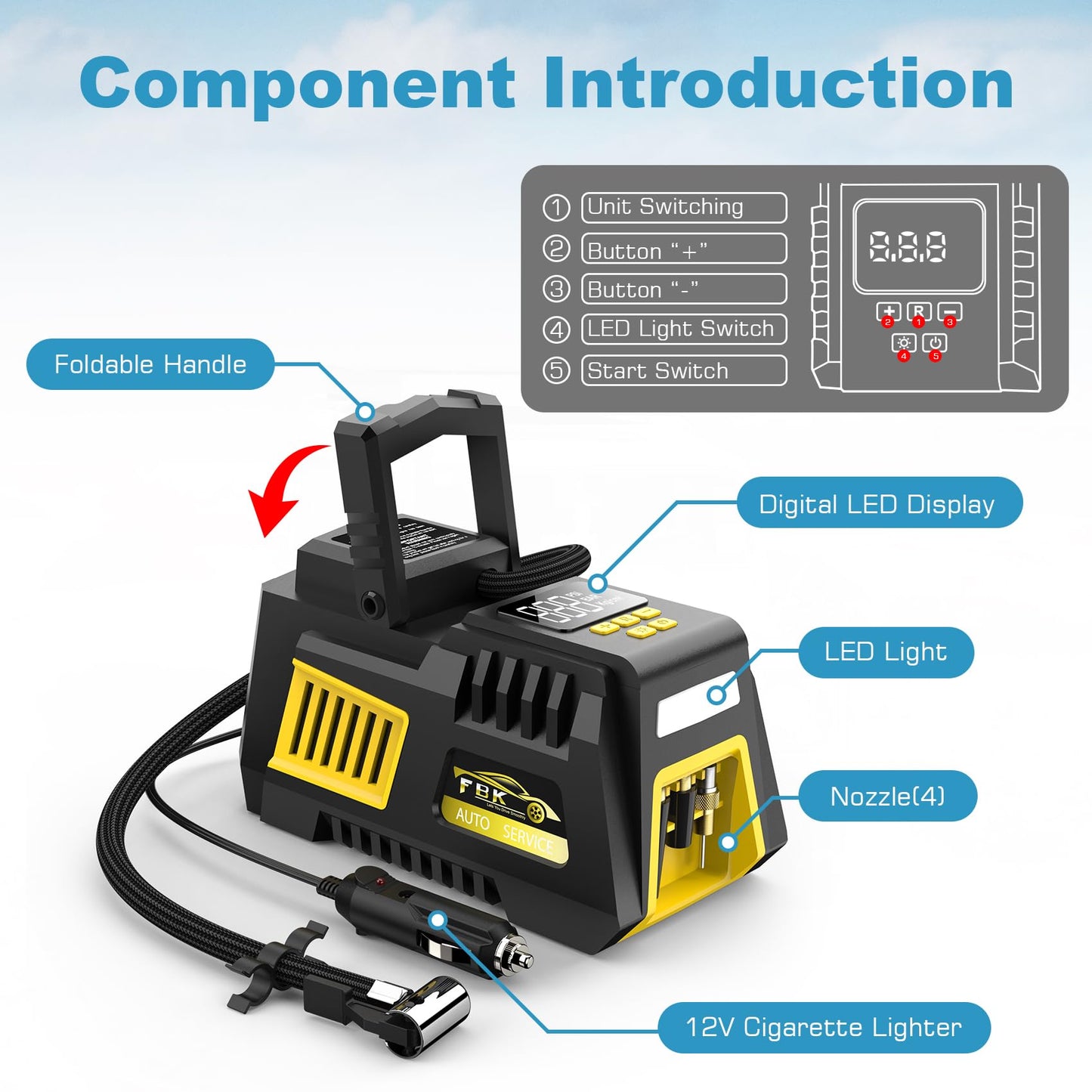 FBK Portable Digital Tire Inflator with LED Light