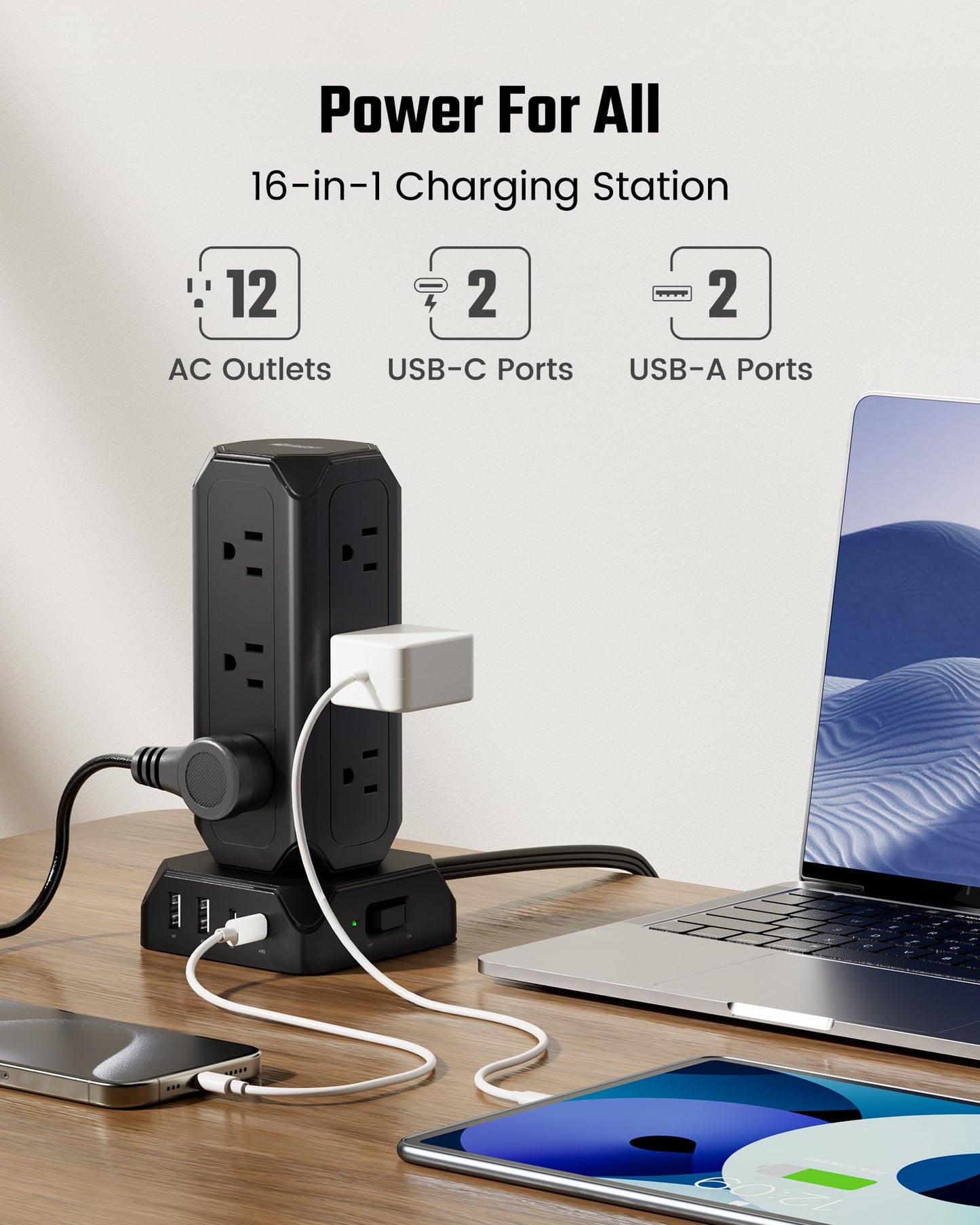 12-Outlets Power Strip Tower with USB Charging