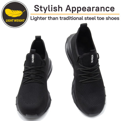SUADEX Steel Toe Shoes for Men Lightweight Indestructible Work Shoes Women Breathable Safety Shoes for Industrial Coustruction Black 12 Women/10.5 Men