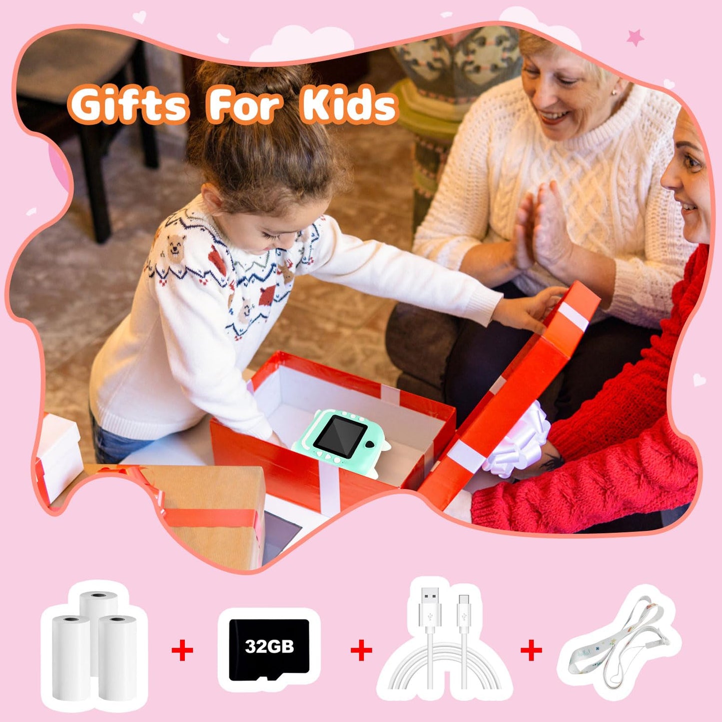 Instant Print Camera for Kids, Christmas Birthday Gifts for Girls Boys, Selfie Digital Camera with 1080P Videos, Portable Travel Camera Toy for 6+ Years Old Girl with Print Paper & 32G Card