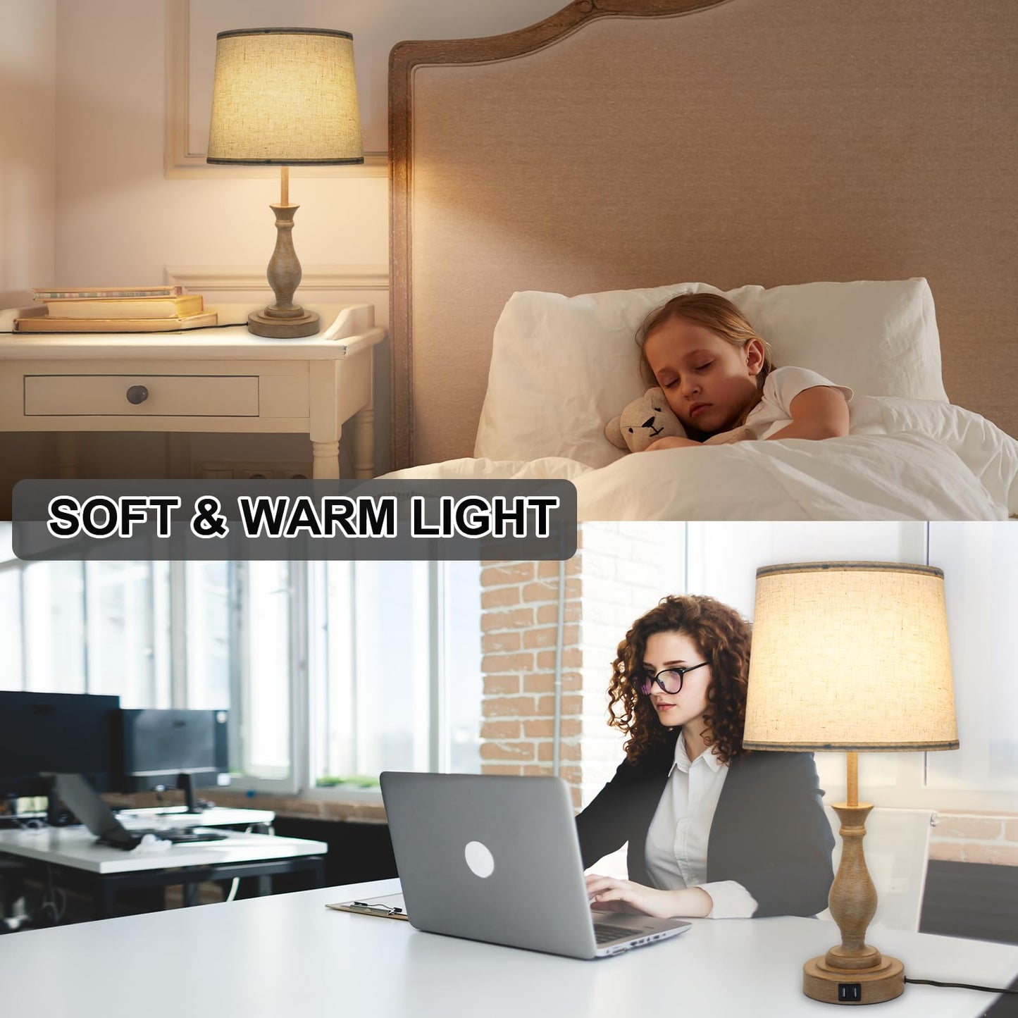 Touch Lamps for Bedrooms Set of 2, Farmhouse Table Lamp with Dual USB Charging Ports, 3 Way Dimmable Nightstand Lamps with Linen Fabric Lampshade for Bedroom, Living Room (Pack2-01A)