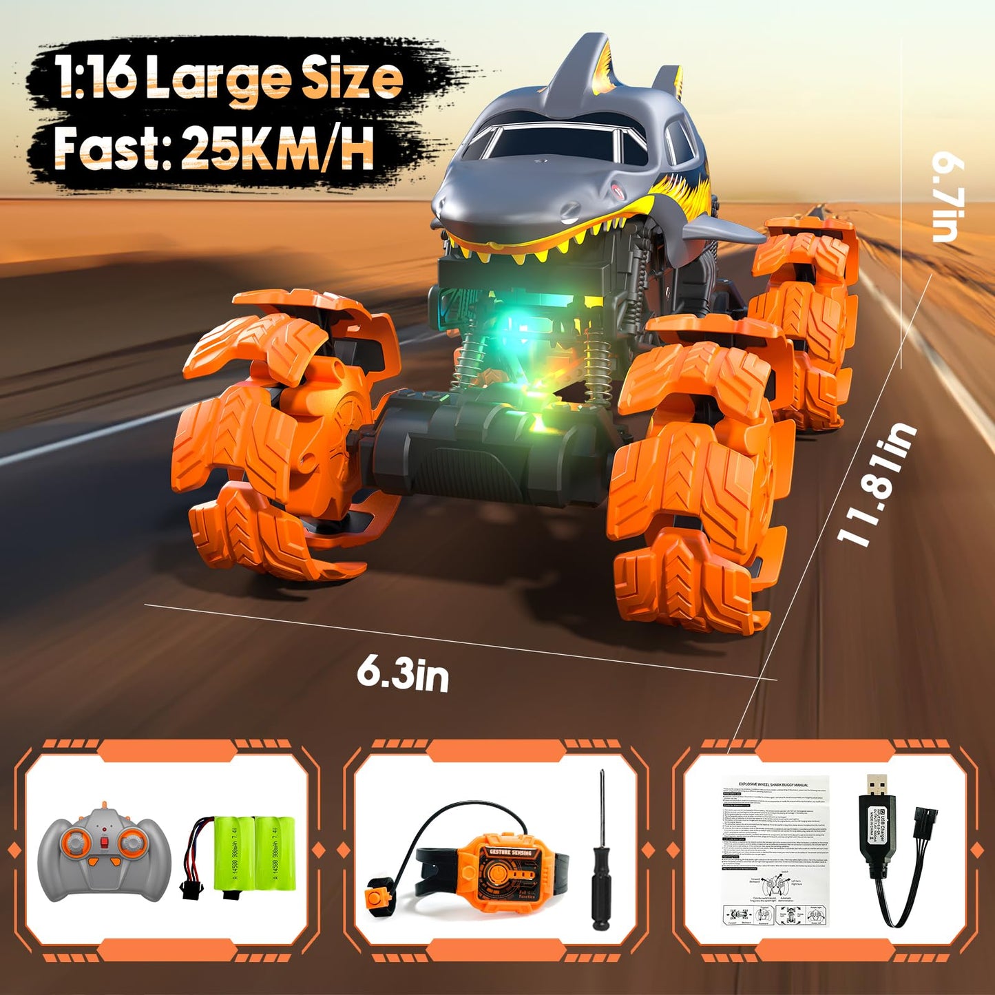 Arulis Remote Control Monster Truck Car, 1:16 25km/h Off-Road RC Cars with Gesture Sensor, 2.4GHz 4WD Truck with Light and Music, Toy Car Gift for 3 4 5 6 7 8 9 10+ Year Old Boys