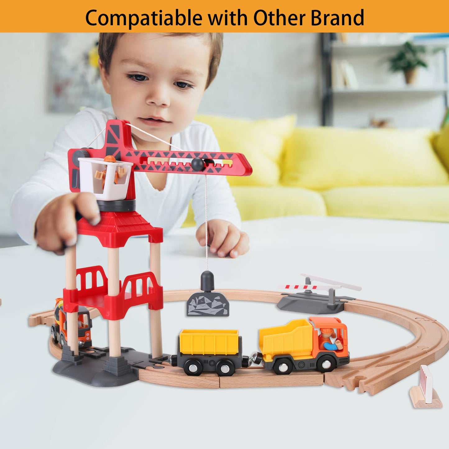 WINB Wooden Train Tracks 70pcs & Construction site Wooden Train Track, Gift Packed Toy Railway Kits for Kids, Toddler Boys and Girls Premium Wood Construction Toys-Fits 70pcs
