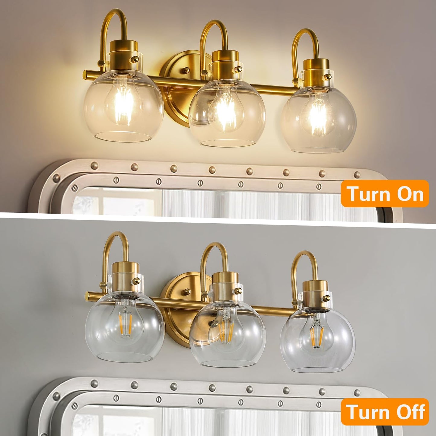3-Light Vanity Light, Brushed Brass Bathroom Light Fixtures, Farmhouse Wall Sconces with Globe Clear Glass Shade, Porch Wall Mount Lamp for Mirror, Kitchen, Porch, Living Room, Workshop (E26 Base)