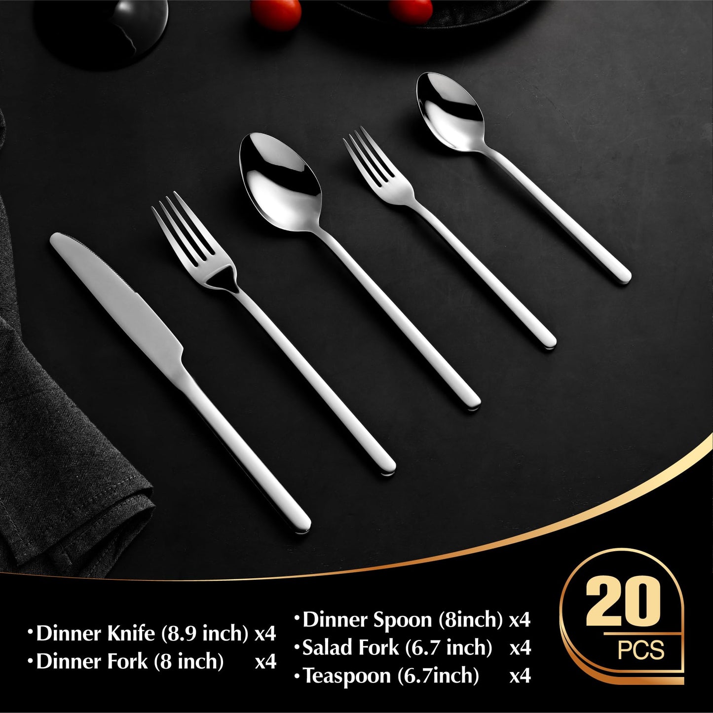 KINGSTONE Silverware Set, 20 Piece Flatware Cutlery Set for 4, 18/10 Stainless Steel Silverware Mirror Polished Dishwasher Safe for Home, Restaurant, Wedding, Party(Silver, 20 pieces for 4)