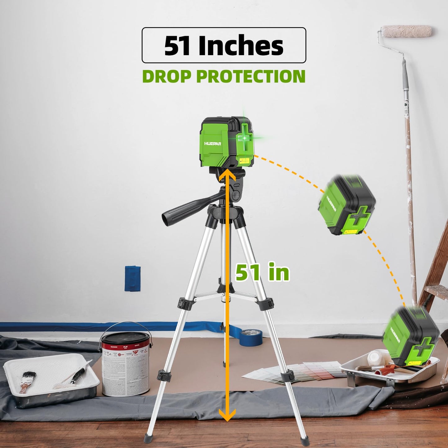 360° Laser Level with Tripod, Huepar 98Ft Self Leveling Laser Level Accurate Green Cross Line Laser Leveler Tool for Picture Hanging, Tile, Construction Indoor Project, Battery&Carrying Bag Included