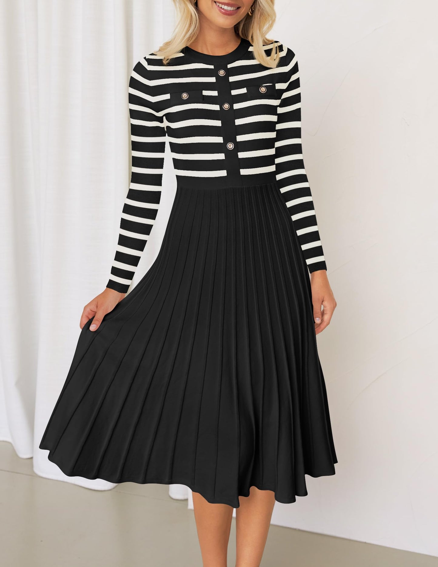 ZESICA Womens Long Sleeve Striped Midi Dresses Crewneck Button Ribbed Knit Pleated A Line Swing Sweater Dress,Black,Medium