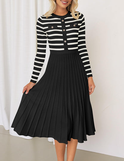 ZESICA Womens Long Sleeve Striped Midi Dresses Crewneck Button Ribbed Knit Pleated A Line Swing Sweater Dress,Black,Medium