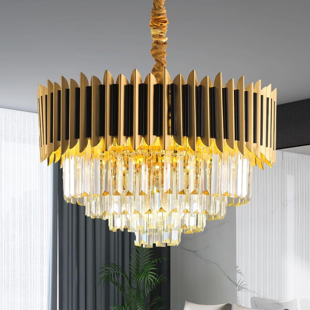 Ugly egg 20in Chandelier 9-Light Gold Black Crystal Pendant Chandelier Lights for Dining Room, Modern Elegant Light for Kitchen Island Bedroom Living Room Foyer Hallway