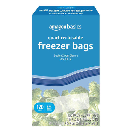 120 Count Amazon Basics Freezer Quart Bags