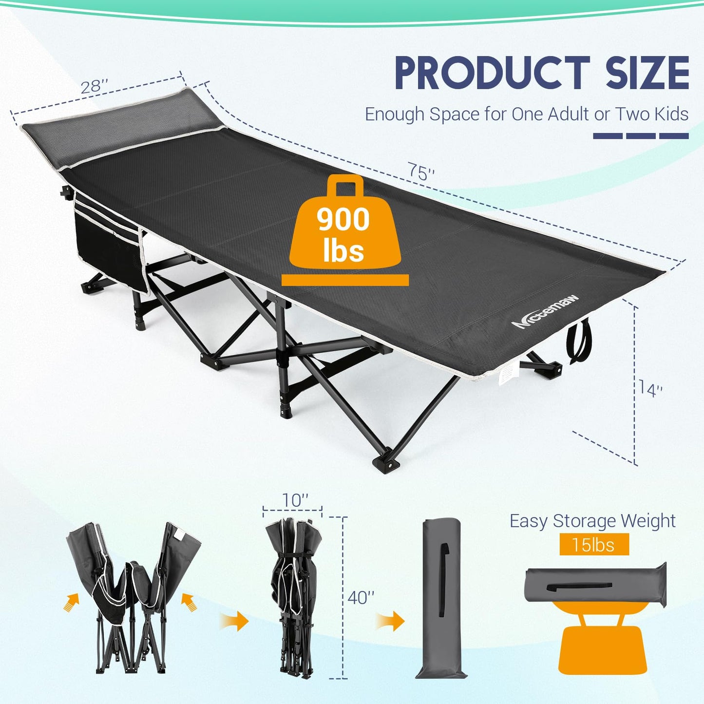 Nictemaw Folding Camping Cot for Adults, Max Load 900 LBS Heavy Duty Sleeping Cots with Carry Bag and Velvet Cot Pad for Camp, Home, Office, Outdoor, Black (Newest)