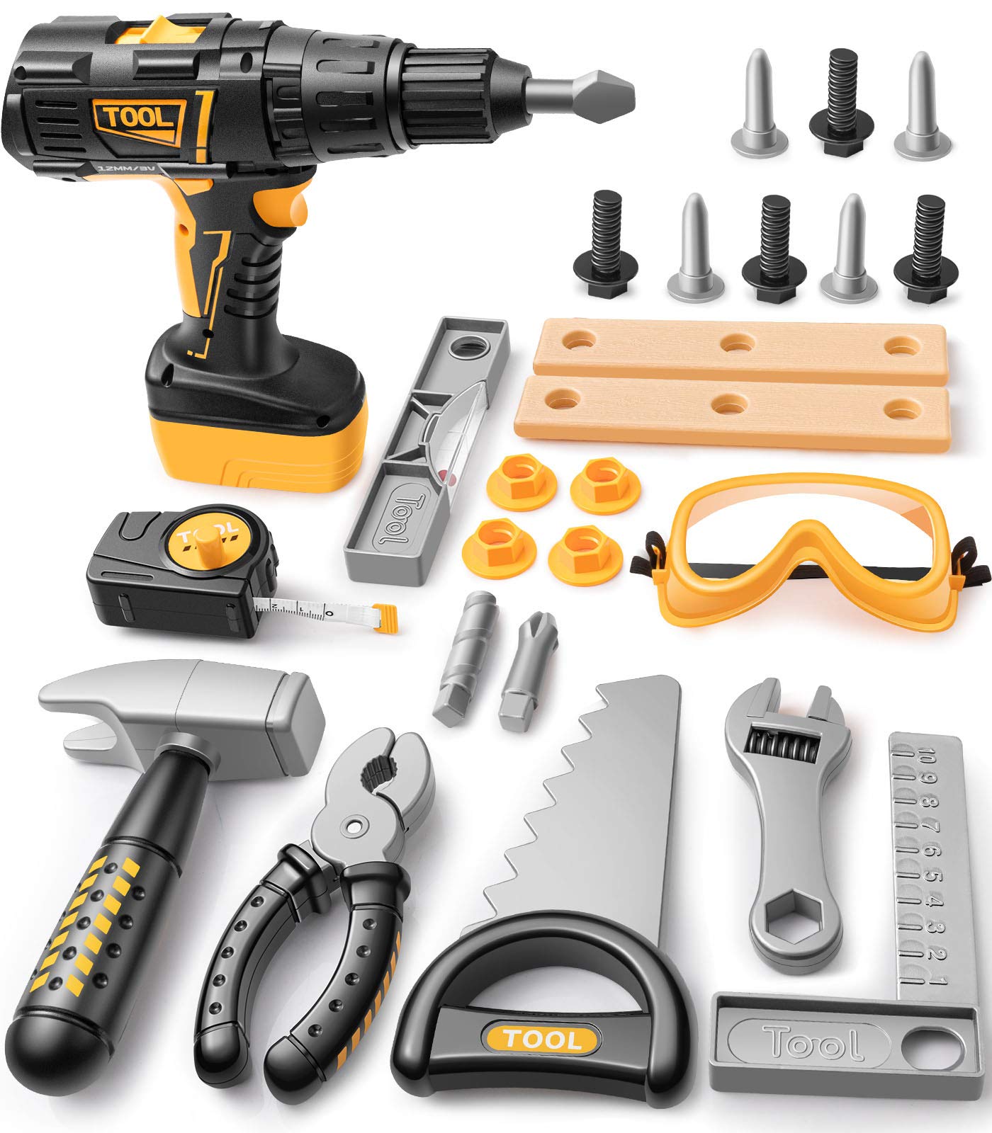 Geyiie Toy Tool Set with Power Drill, Pretend Play Kids Tool Set, Goggles, Preschool STEM Toys Outdoor Tool Kit Party Birthday Gift for Toddler Boys Girls Age 3 4 5 6 7 8