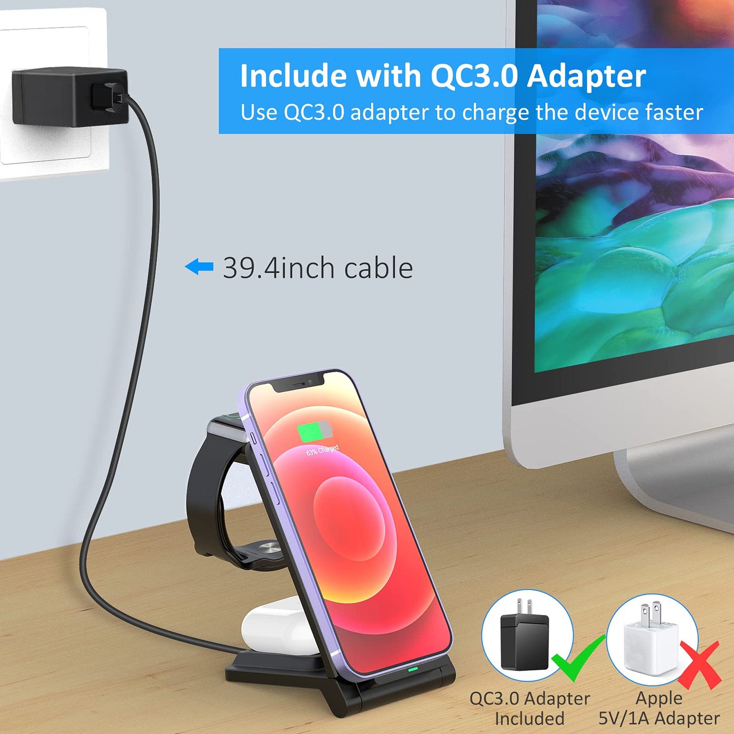 Wireless Charger, 3 in 1 Foldable Travel Charging Station,18W Fast Charging Charger for iPhone 16 15 14 13 12 Pro Max 8 Plus Galaxy S23,Portable Charger for Apple Watch Series 9 8 & Airpods 4 3 2 Pro