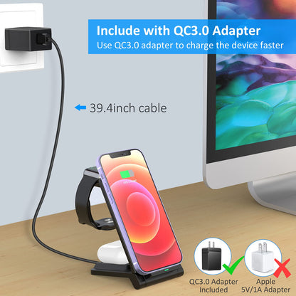 Wireless Charger, 3 in 1 Foldable Travel Charging Station,18W Fast Charging Charger for iPhone 16 15 14 13 12 Pro Max 8 Plus Galaxy S23,Portable Charger for Apple Watch Series 9 8 & Airpods 4 3 2 Pro