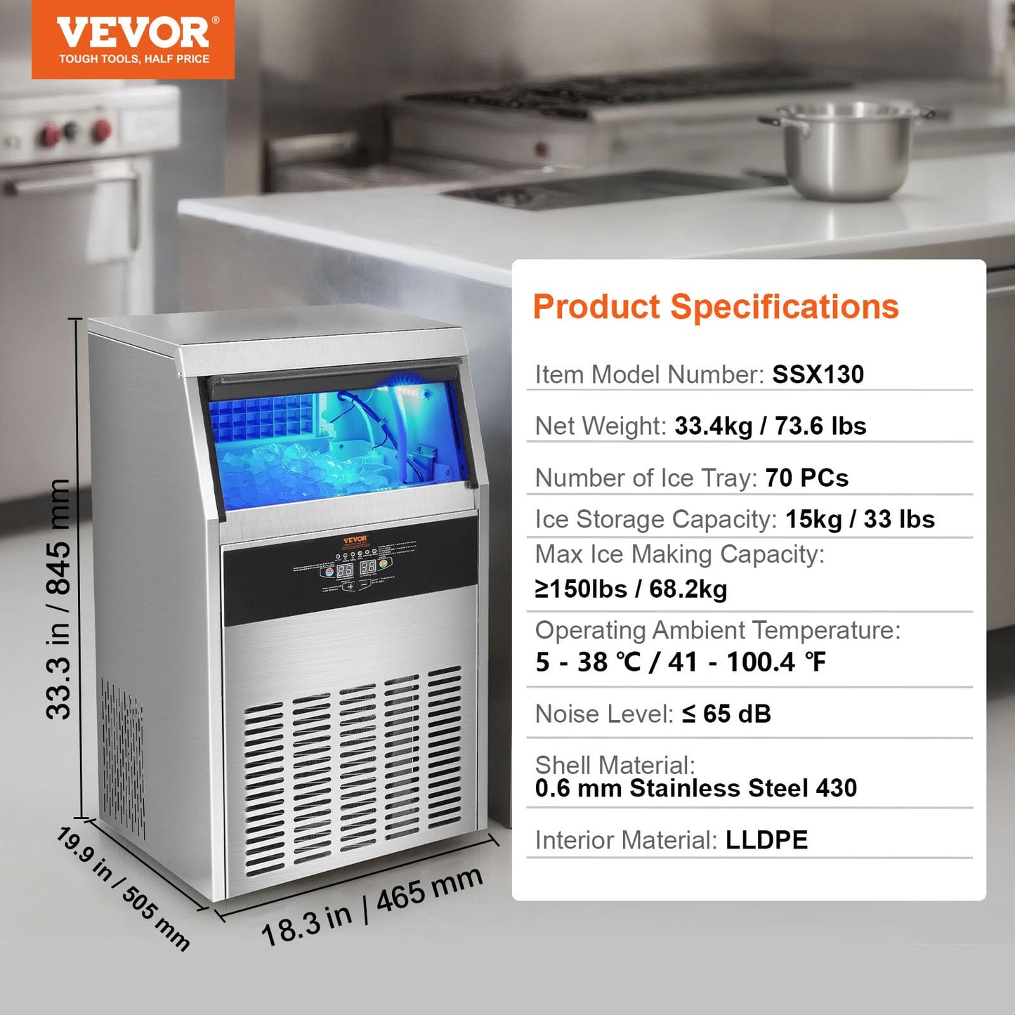 VEVOR Commercial Ice Maker Machine, 150lbs/24H Ice Maker Machine with 33lbs Storage Capacity, 70 Ice Cubes in 12-15 Minutes, Built in Electric Drain Pump Ice Maker for Bar Home Office Restaurant