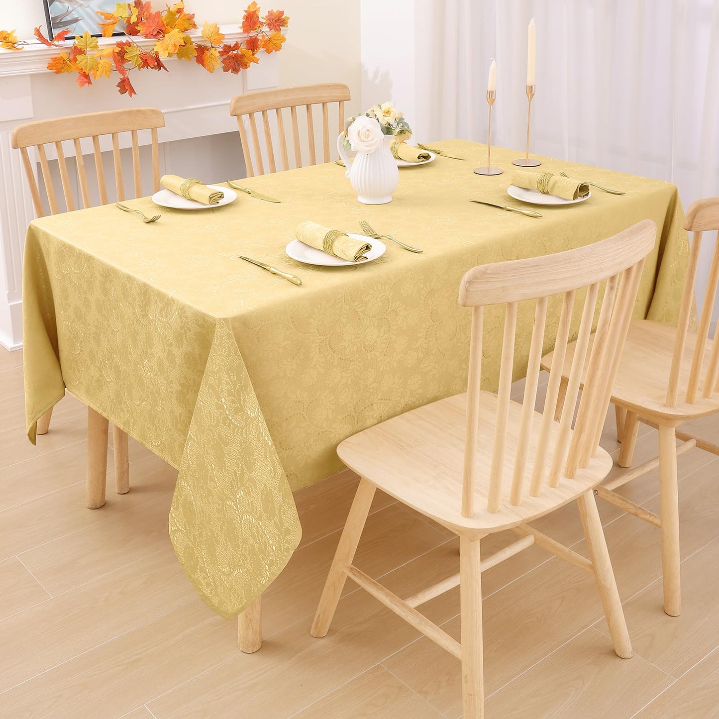 Moosfor Rectangle Tablecloth 60x84 Inch, Waterproof Damask Jacquard Table Cloth, Washable Fabric Table Covers for Dining, Parties, Indoor and Outdoor, Gold Vines